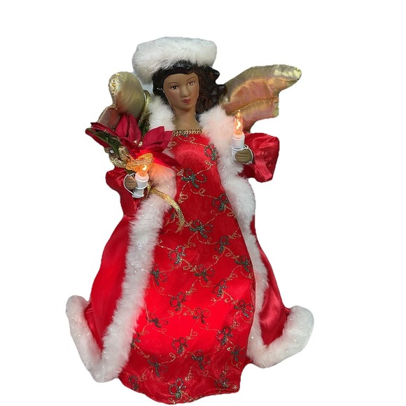 Christmas Dark Skin Angel Tree Topper RED GOLD WINGS LIGHTED African American - Picture 2 of 11